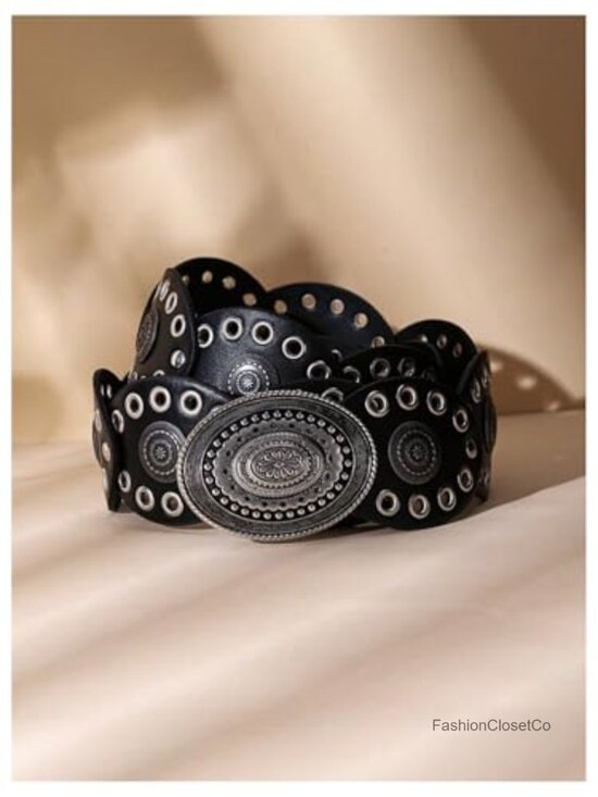 Vintage Cowgirl Boho Western Oval Waist Belt Hollow Out Studded Retro Belt
